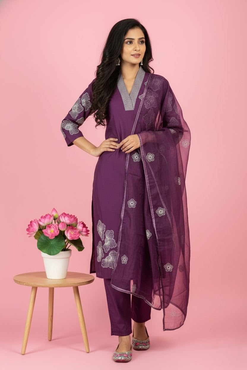 Wine Embroidered Kurta Set with Pants and Dupatta, V-Neck Floral Thread Work Ethnic Outfit for Festive and Casual Wear
