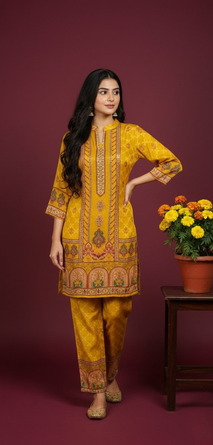 Mustard Yellow Printed Silk Co-Ord Set for Women | Festive & Ethnic Wear