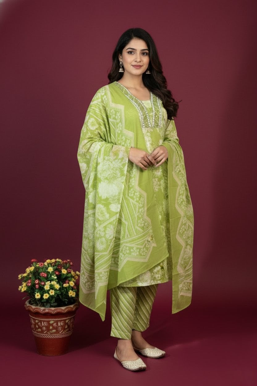 Light Green Floral Printed Suit Set with Mirror Work & Dupatta | Ethnic Cotton Kurta Pant Set for Women