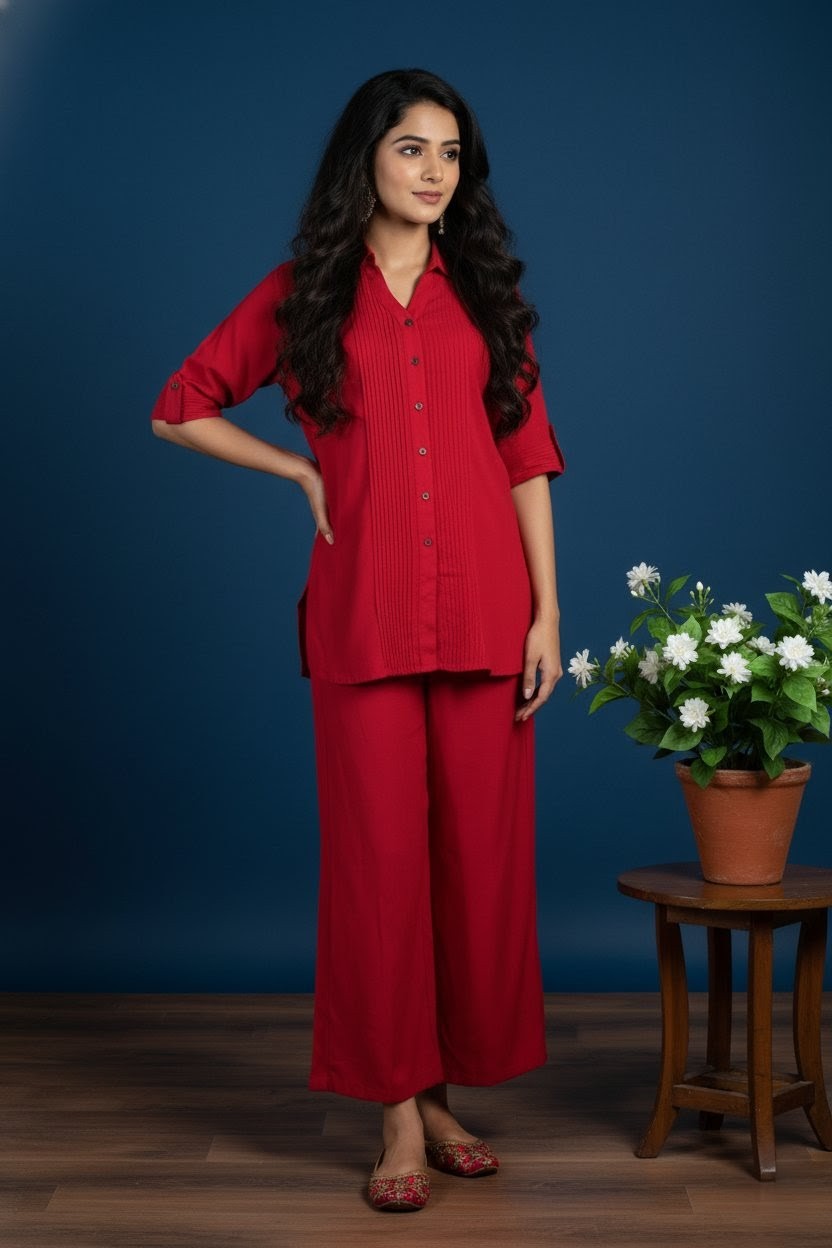 Magenta Pink Rayon Co-ord Set – Collared Top & Wide-Leg Pants