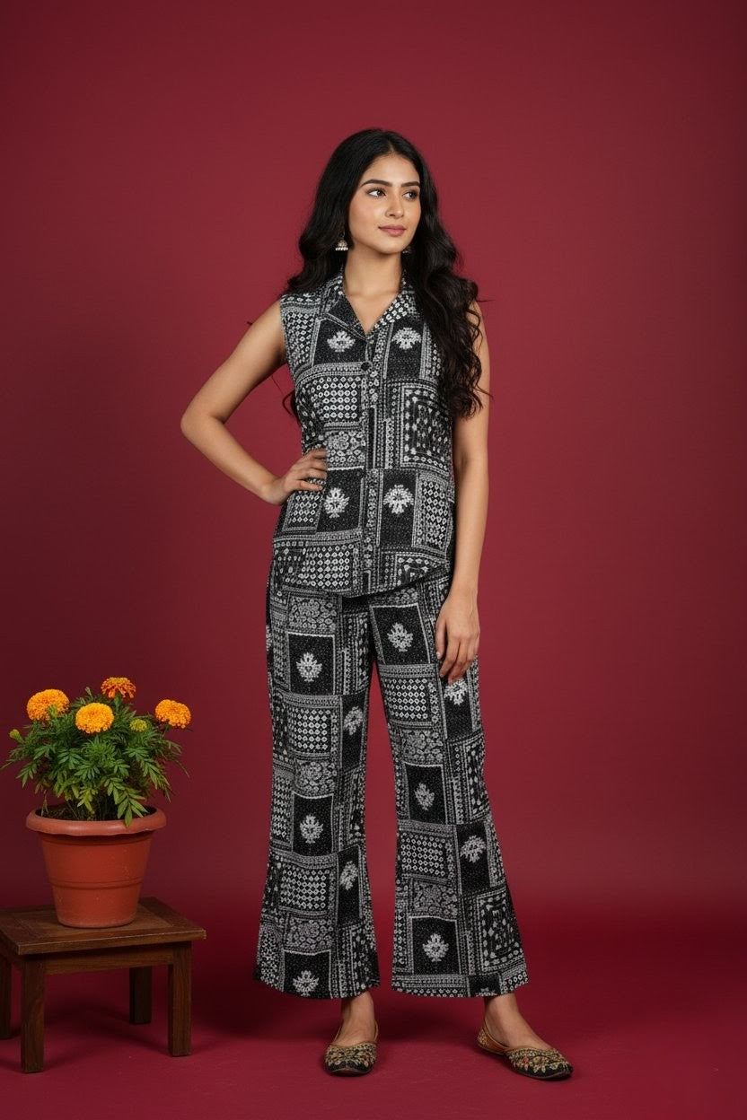 Black & White Rayon Co-ord Set for Women | Stylish Sleeveless Top & Pants