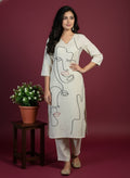 Off-White Abstract Face Print Kurti Pant Set for Women | Khadi Cotton Casual Co-ord Set with V-Neck & 3/4 Sleeves