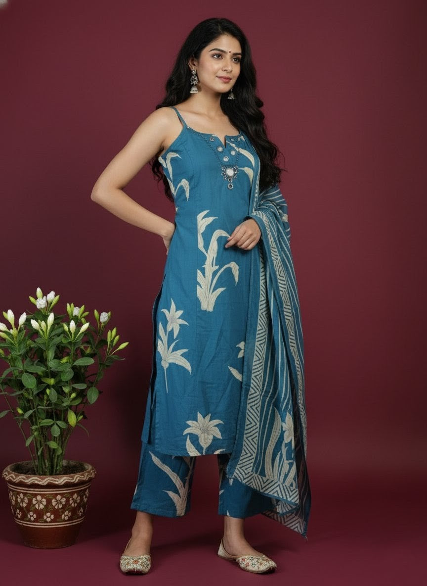 Ethnic Kurti Set for Women – V-Neck Embroidered KurtI with Mirror Work, Printed Dupatta & Plazo