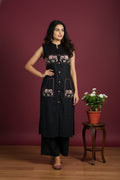 Black Rayon Co-ord Set with Elephant Embroidery – Sleeveless Pull-On Style