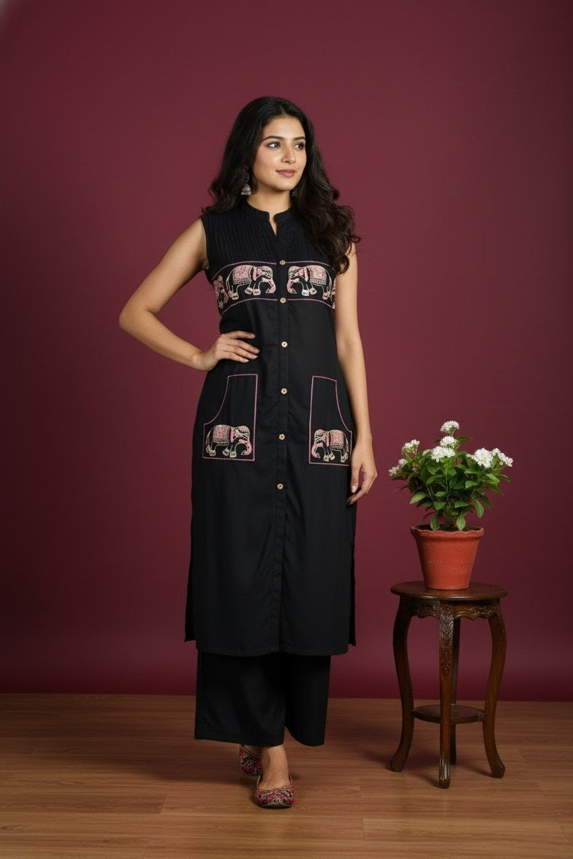Black Rayon Co-ord Set with Elephant Embroidery – Sleeveless Pull-On Style