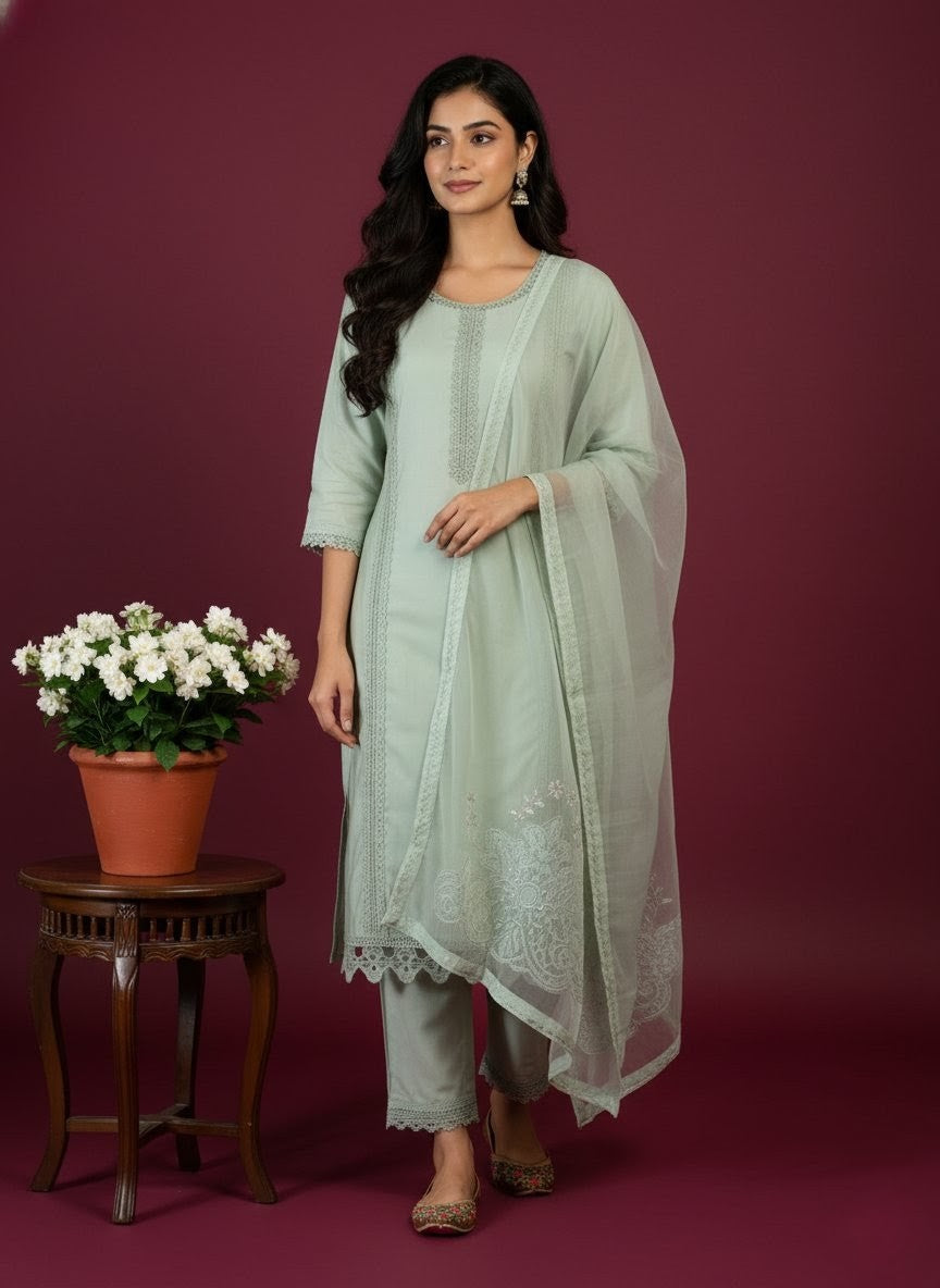 Mint Green Pure Organza 3-Piece Suit with Thread Embroidery & Floral Embroidered Dupatta – Ethnic Wear for Women