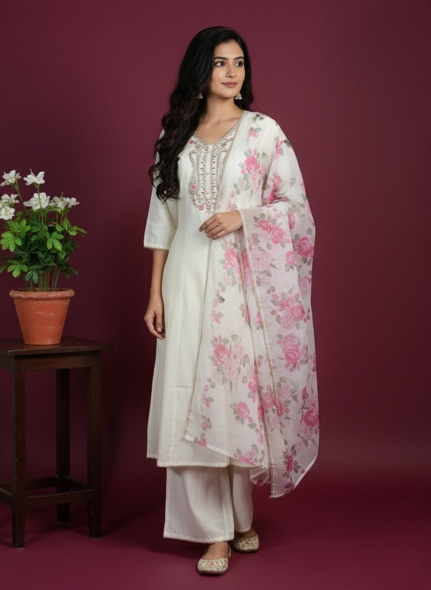 Elegant Cream Anarkali Suit with Floral Printed Dupatta and Intricate Embroidery – Festive & Wedding Wear