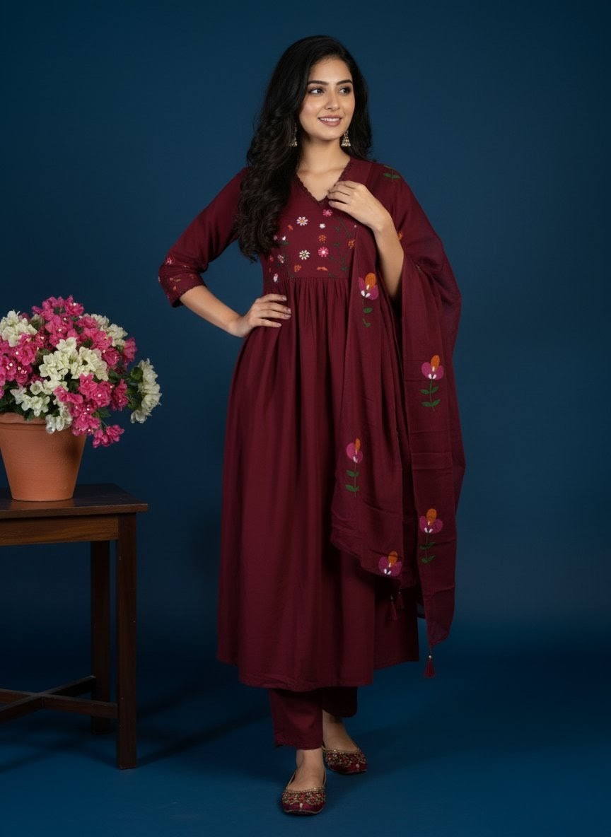 Maroon Cotton Anarkali Suit with Thread Embroidery & Floral Printed Dupatta – Ethnic Wear for Women