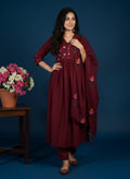 Maroon Cotton Anarkali Suit with Thread Embroidery & Floral Printed Dupatta – Ethnic Wear for Women