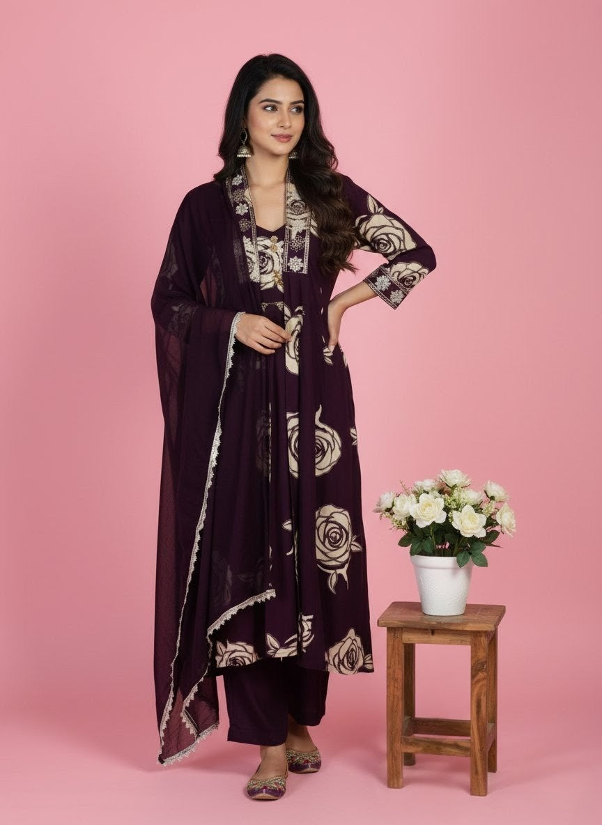 Wine Anarkali Suit with Hand Embroidery & Dupatta – Ethnic Wear for Women