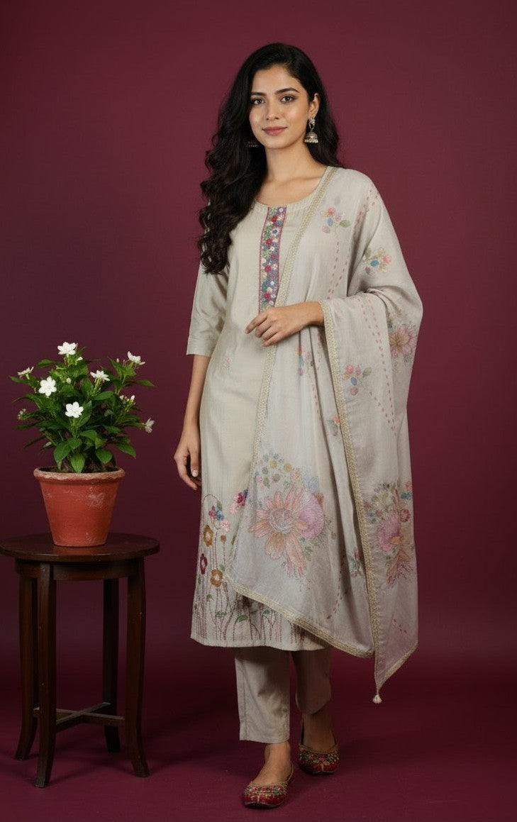 Beige 3 Piece Embroidered Suit Set with Printed Dupatta & Straight Pants – Elegant Women’s Ethnic Wear