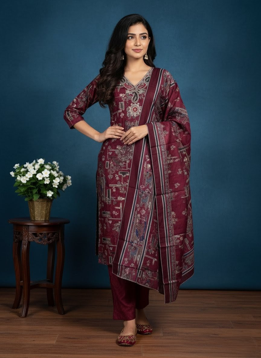 Maroon Rayon Straight Fit Suit Set with Embroidery, Printed Dupatta & Pants – Ethnic Wear for Women