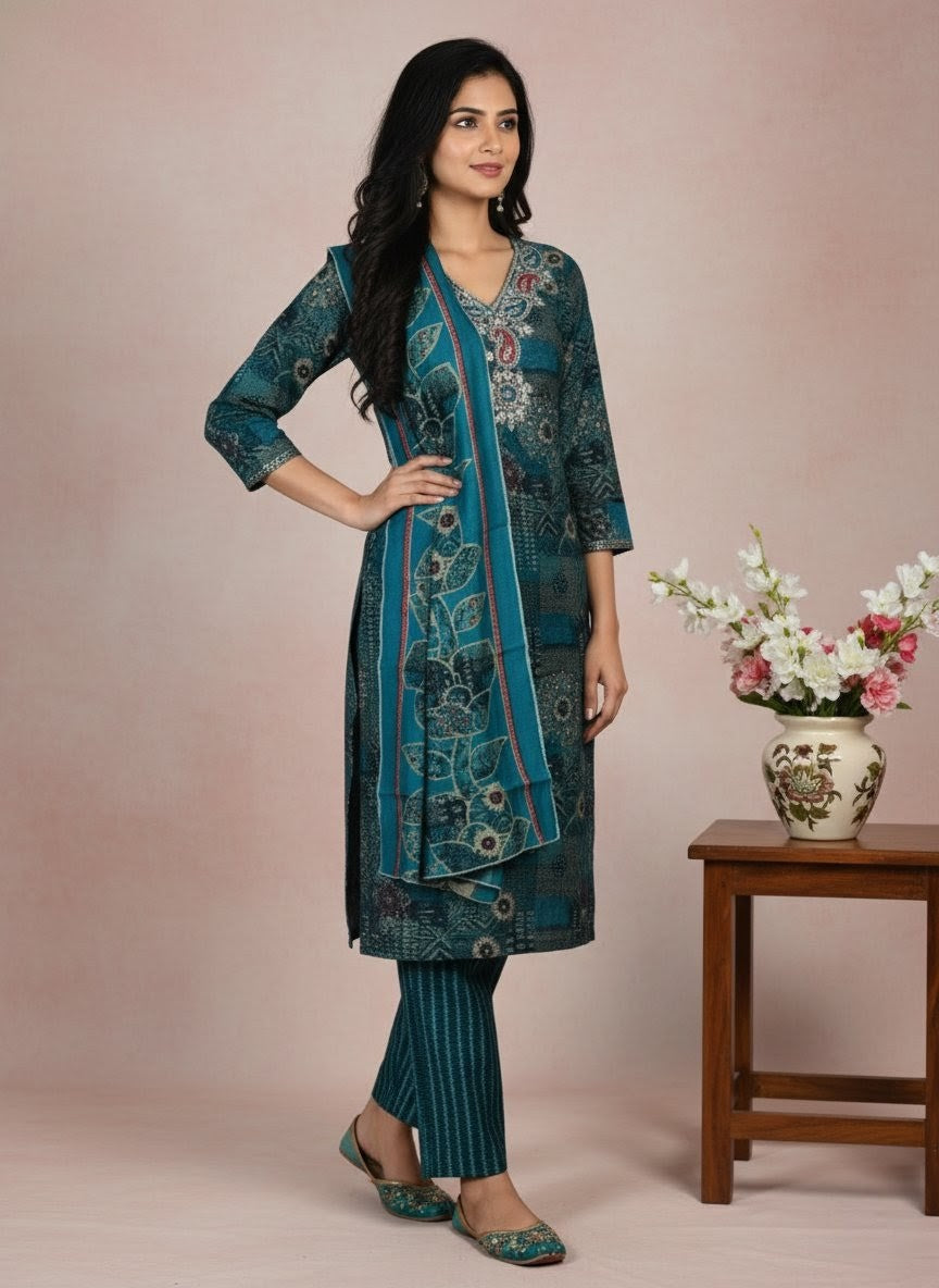 Teal Blue Rayon Straight Fit Suit with Thread Embroidery & Printed Dupatta – Ethnic Wear for Women