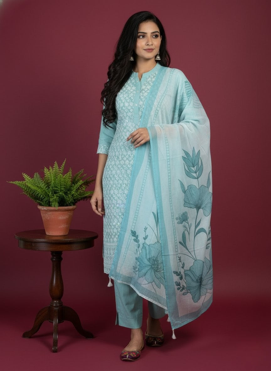 Elegant Cotton Suit with Thread Embroidery and Printed Dupatta