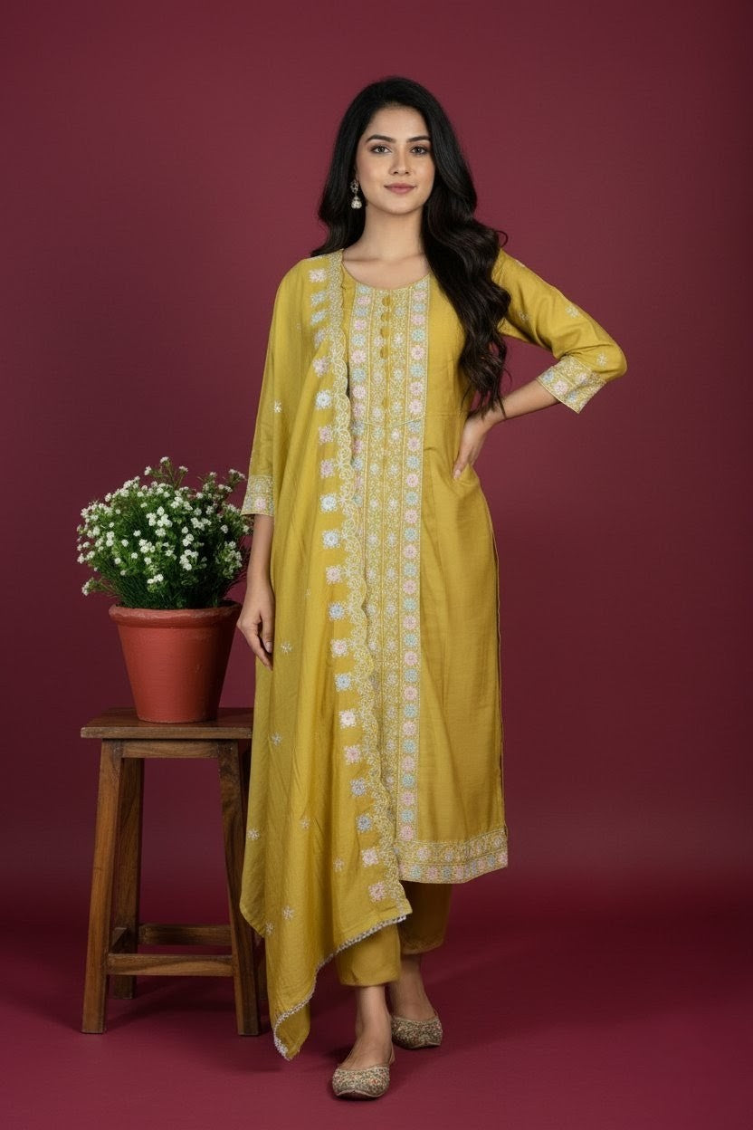 Elegant Mustard Yellow Cotton Embroidered 3-Piece Suit Set with Dupatta – Festive & Everyday Wear