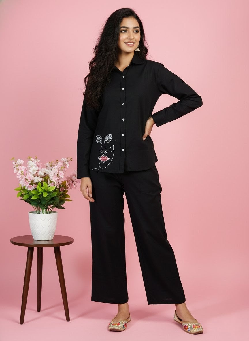 Black Khadi Cotton Co-ord Set for Women – Thread Embroidered Shirt & Pants Ethnic Fusion Wear