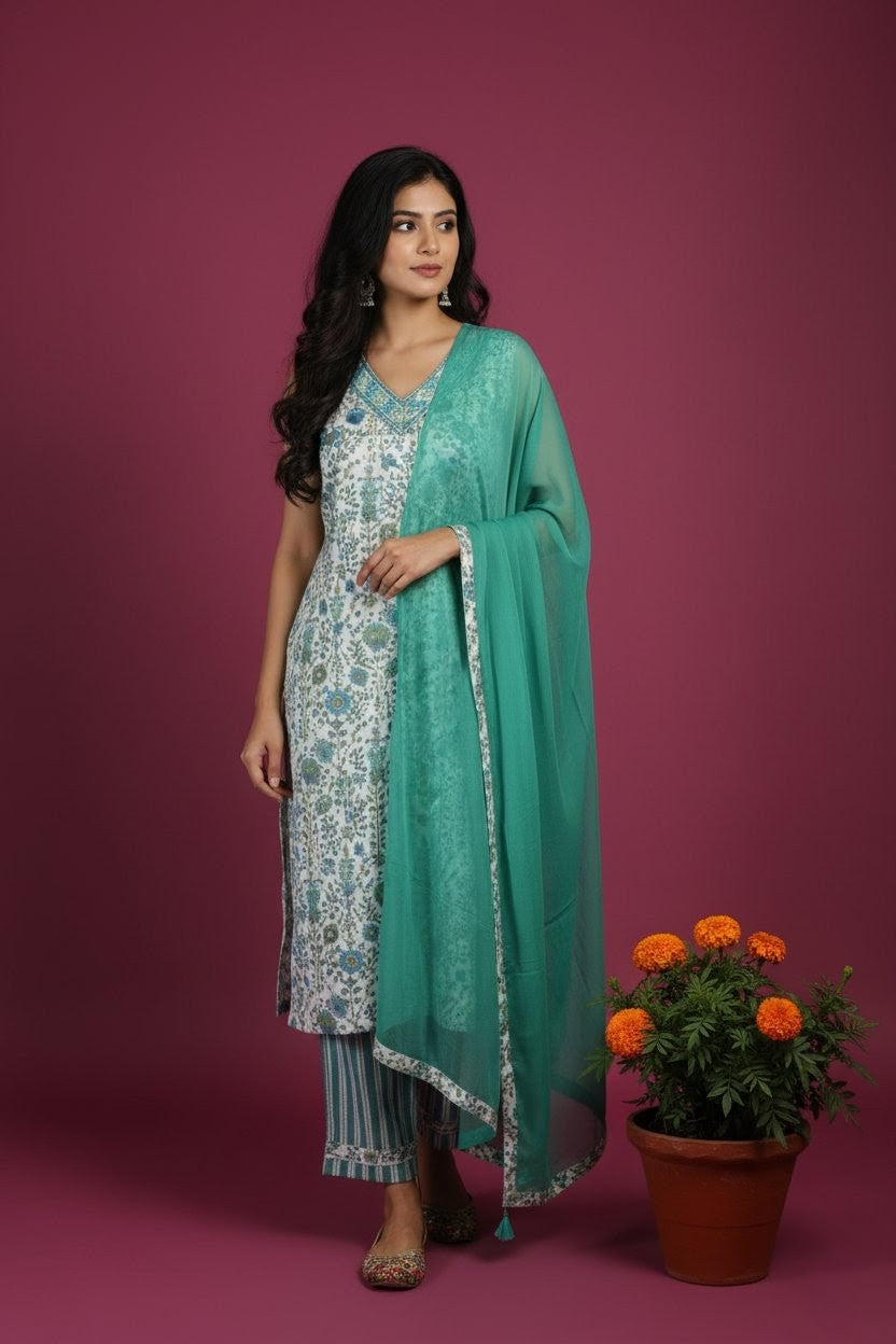 Designer Floral Print Salwar Suit Set, Turquoise Green with White, V-Neck Sleeveless Kurti with Striped Pants and Dupatta