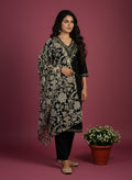 Black Rayon Suit with Thread Embroidery, Floral Printed Dupatta & Afghani Pants – Ethnic Wear for Women