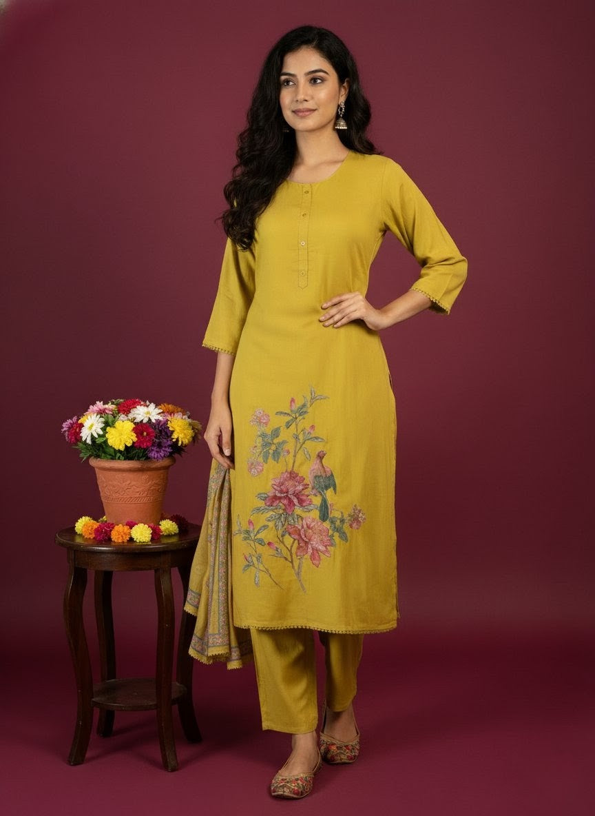 Elegant Mustard Yellow 3-Piece Suit with Floral Print & Embroidery