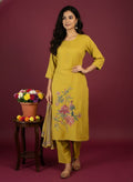 Elegant Mustard Yellow 3-Piece Suit with Floral Print & Embroidery