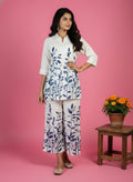 Rayon Co-ord Set – Blue Leaf Print Shirt & Wide-Leg Pants Lightweight Summer Fusion Wear