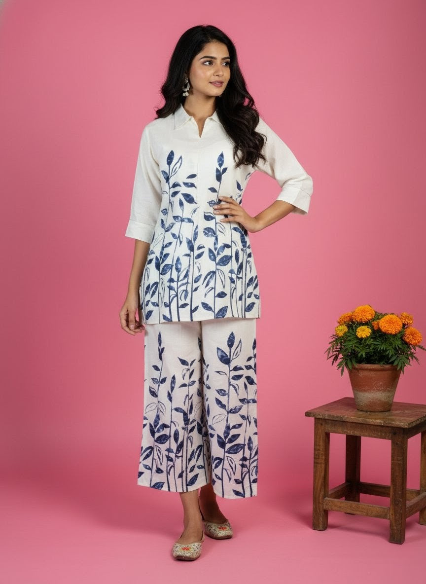 Rayon Co-ord Set – Blue Leaf Print Shirt & Wide-Leg Pants Lightweight Summer Fusion Wear