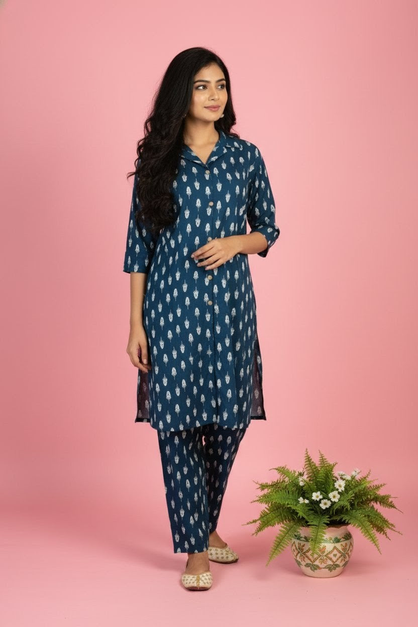 Blue Printed Co-ord Set with Kurta & Straight Pants – Women’s Ethnic & Casual Wear