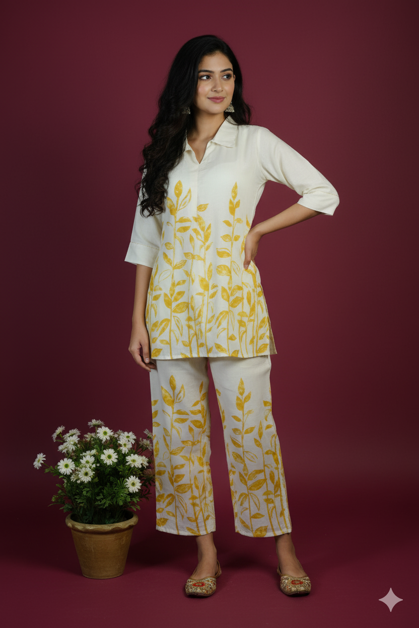 Rayon Short Co-ord Set – Yellow Leaf Print Kurta & Wide-Leg Pants Casual Ethnic Wear