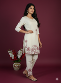 Off-White Khadi Cotton Co-ord Set – Red Printed Kurta & Pants Palm Motif Ethnic Fusion Wear