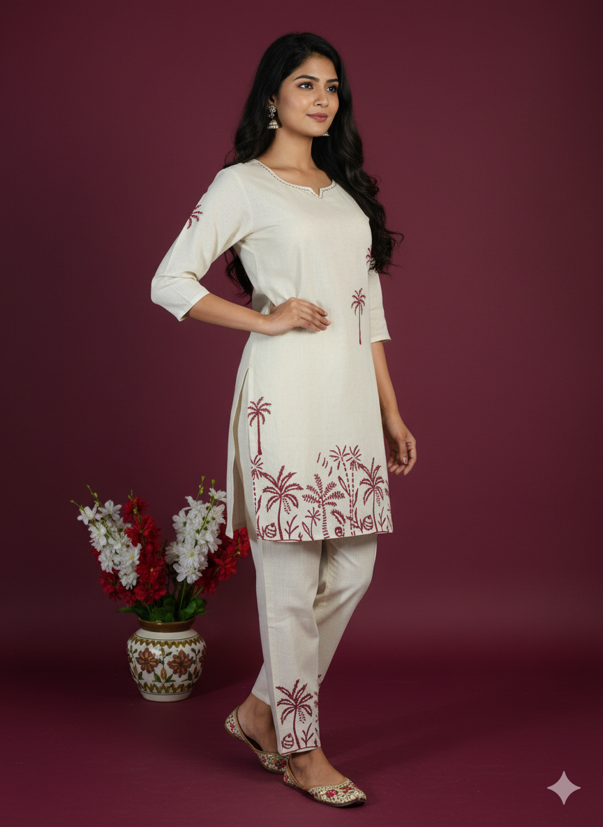 Off-White Khadi Cotton Co-ord Set – Red Printed Kurta & Pants Palm Motif Ethnic Fusion Wear