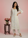 Women’s White Khadi Cotton Kurti Floral Thread Embroidered Kurta & Pants Ethnic Fusion Wear