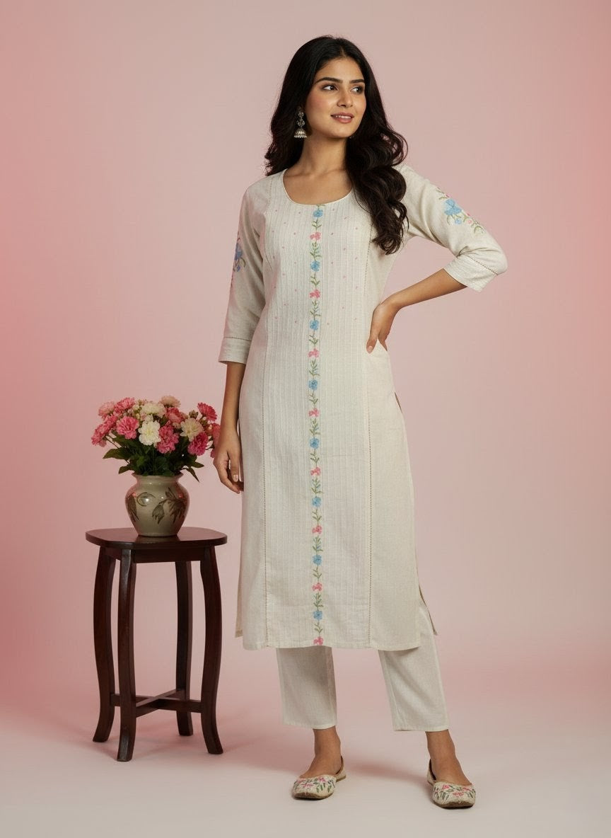 Women’s White Khadi Cotton Kurti Floral Thread Embroidered Kurta & Pants Ethnic Fusion Wear