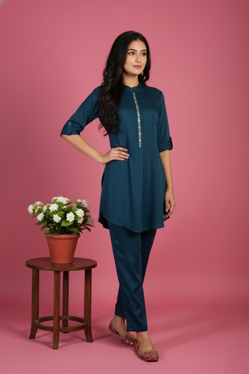 Dark Blue Women's Tunic and Trouser Co-ord Set and 3/4 Sleeves, Stylish Ethnic Wear with Decorative Metal Trim for Daily and Festive Use