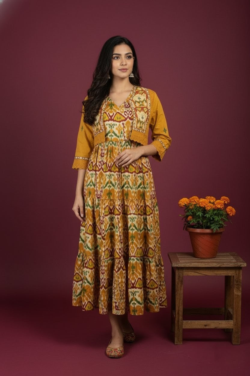 Mustard Yellow Dress with Ikat Print & Embroidered,Flared Ethnic Long Kurta Gown for Festive & Casual Wear