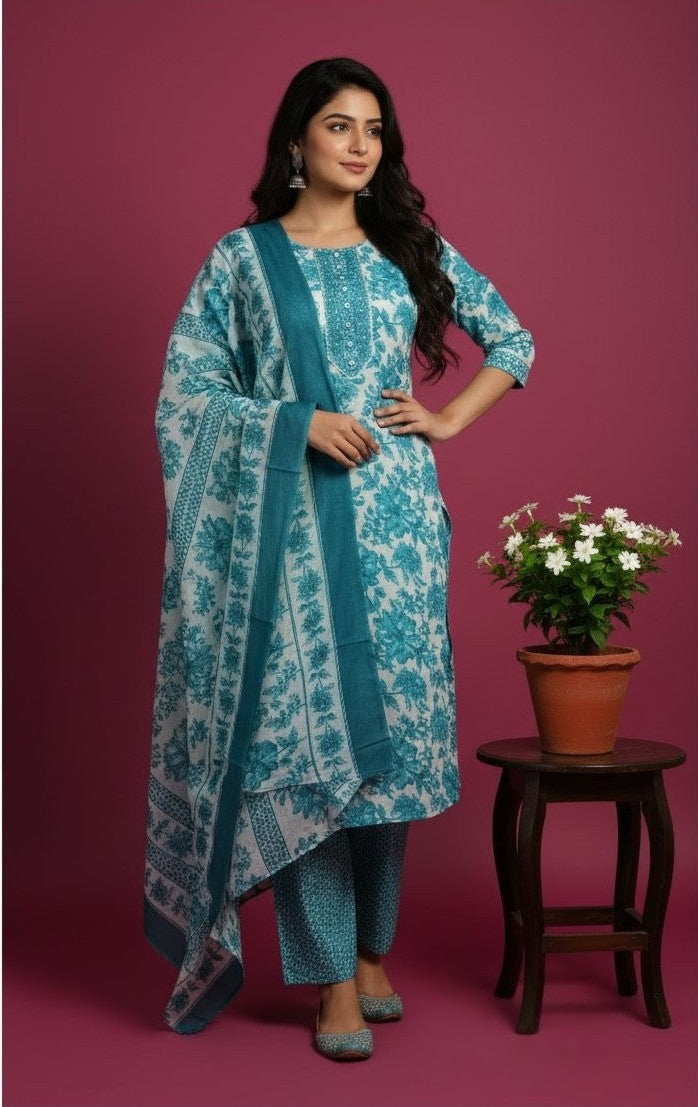 Blue Cotton Printed Embroidered Suit – Teal Floral Kurta Set with Dupatta Ethnic Wear for Casual & Festive Occasions