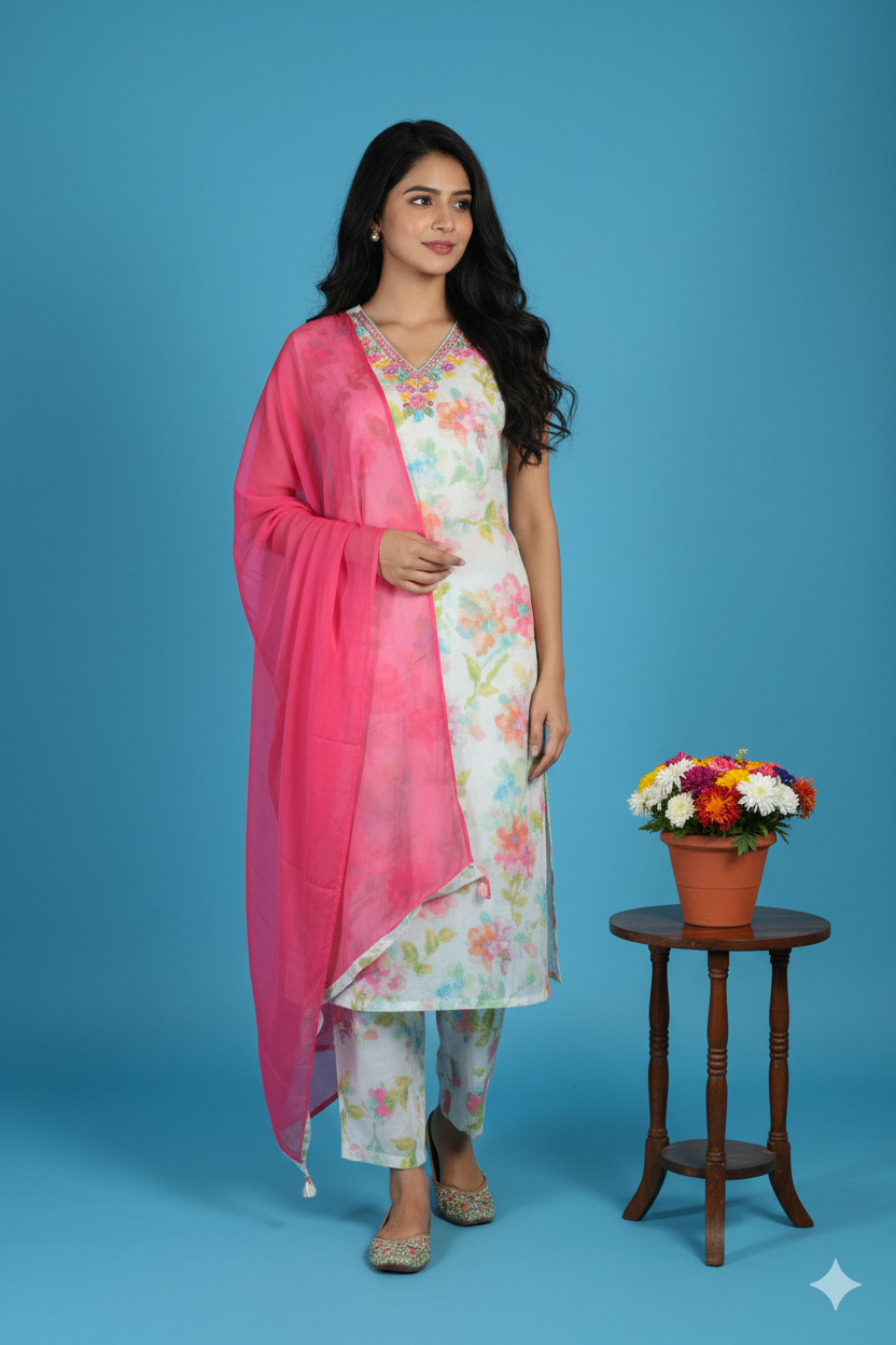 Floral Print Sleeveless Salwar Suit Set with Pink Dupatta, Lightweight Fabric, Embroidered Neckline, and Straight Pants for Women