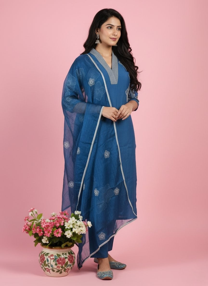 Blue Embroidered Kurta Set with Pants and Dupatta, V-Neck Floral Thread Work Ethnic Outfit for Festive and Casual Wear