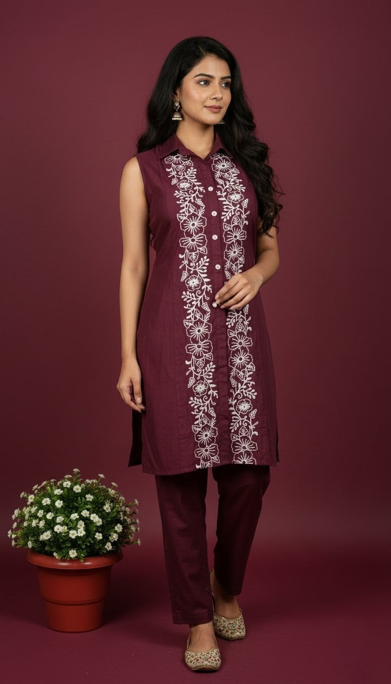Maroon Vatican Short Co-Ord Set with Thread Embroidery