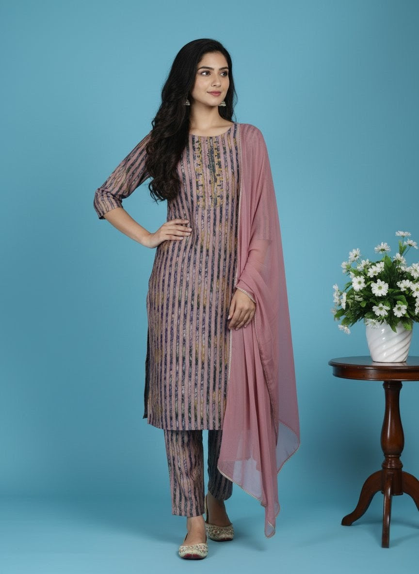 Elegant Rayon Printed and Embroidered Suit Set with Dupatta