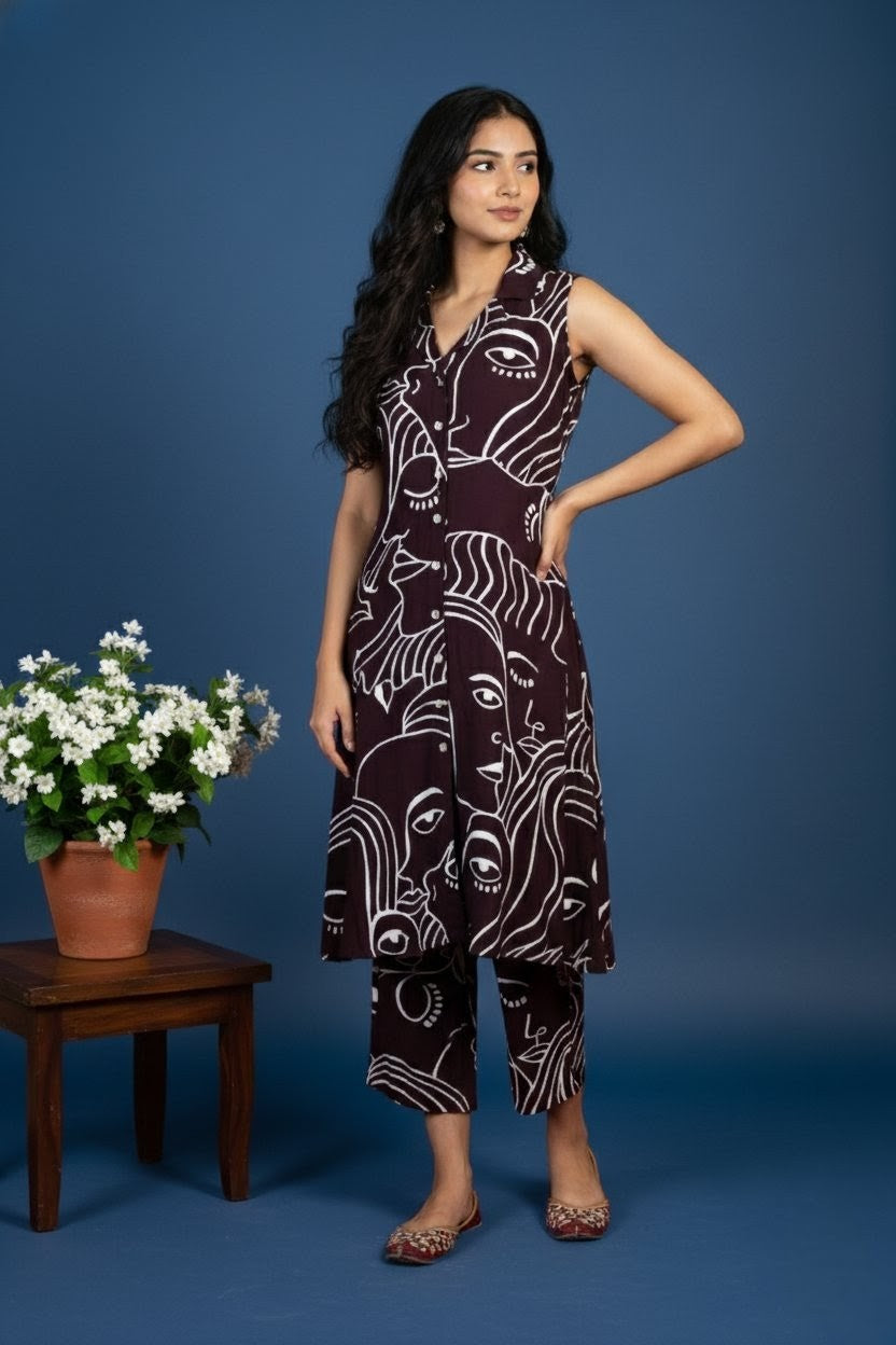 Abstract Face Print Sleeveless Dress, Black and White, V-Neck, Midi Length