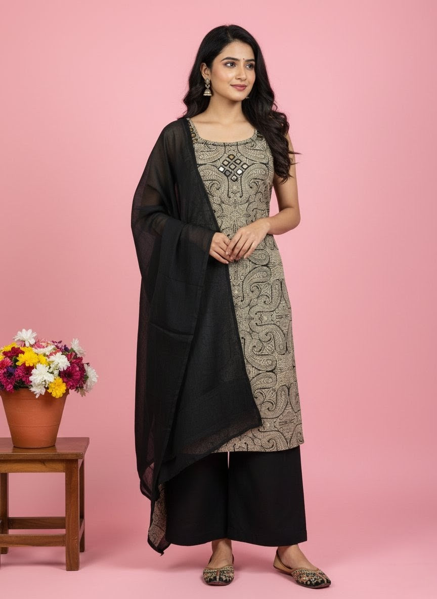 Black & Beige Sleeveless Printed Kurti Set with Mirror Work and Dupatta – Elegant Ethnic Wear for Casual & Festive Occasions
