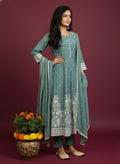 Elegant Teal Cotton Anarkali Suit with Intricate Thread Embroidery and Lace-Trimmed Dupatta – Festive & Ethnic Wear