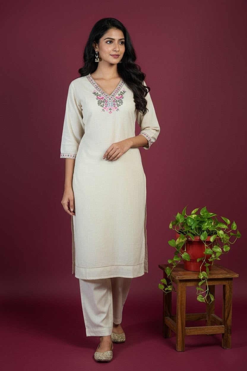 Elegant Khadi Cotton Women's Kurti Set with Intricate Thread Embroidery