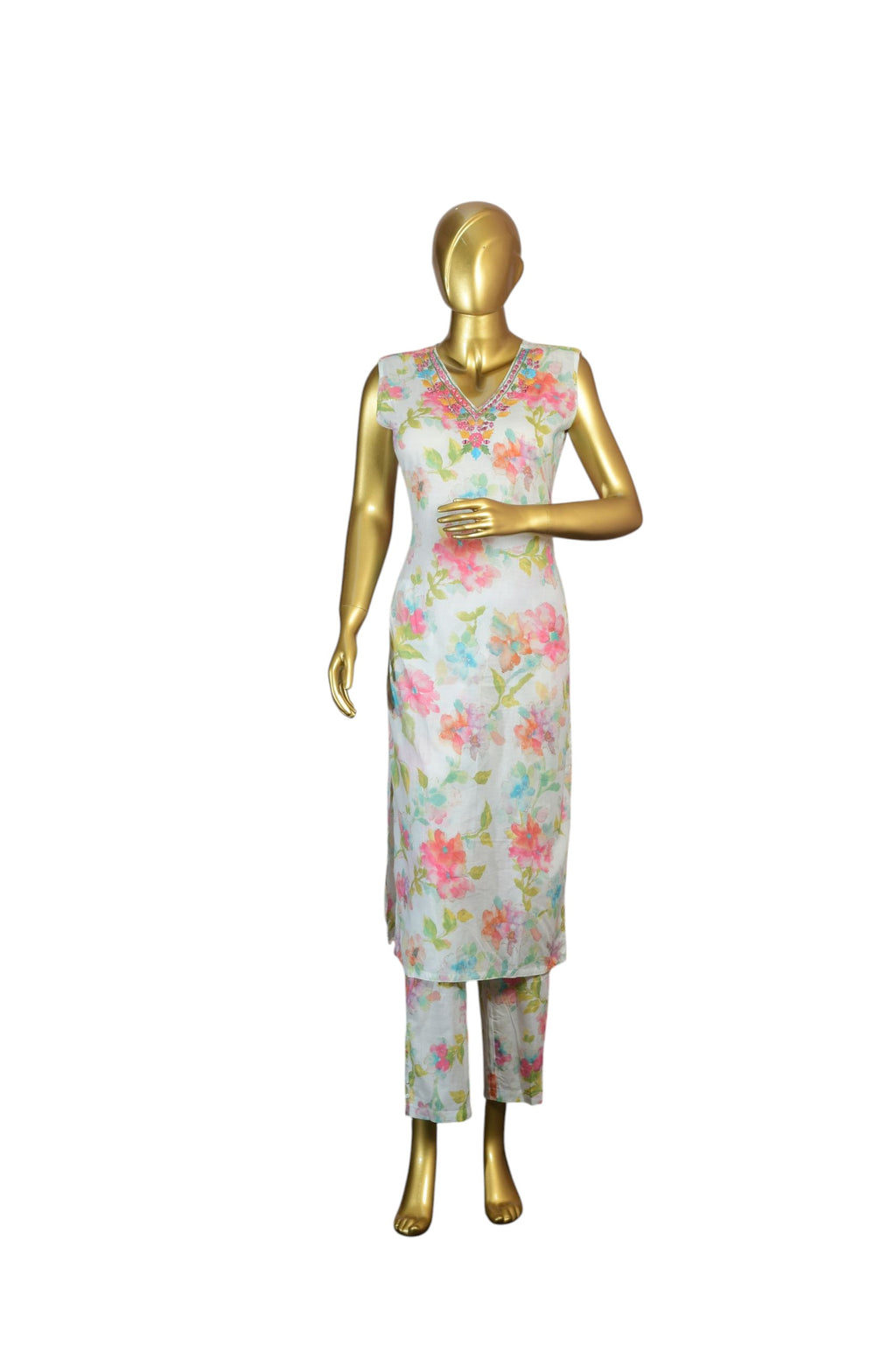 Floral Print Sleeveless Salwar Suit Set with Pink Dupatta, Lightweight Fabric, Embroidered Neckline, and Straight Pants for Women
