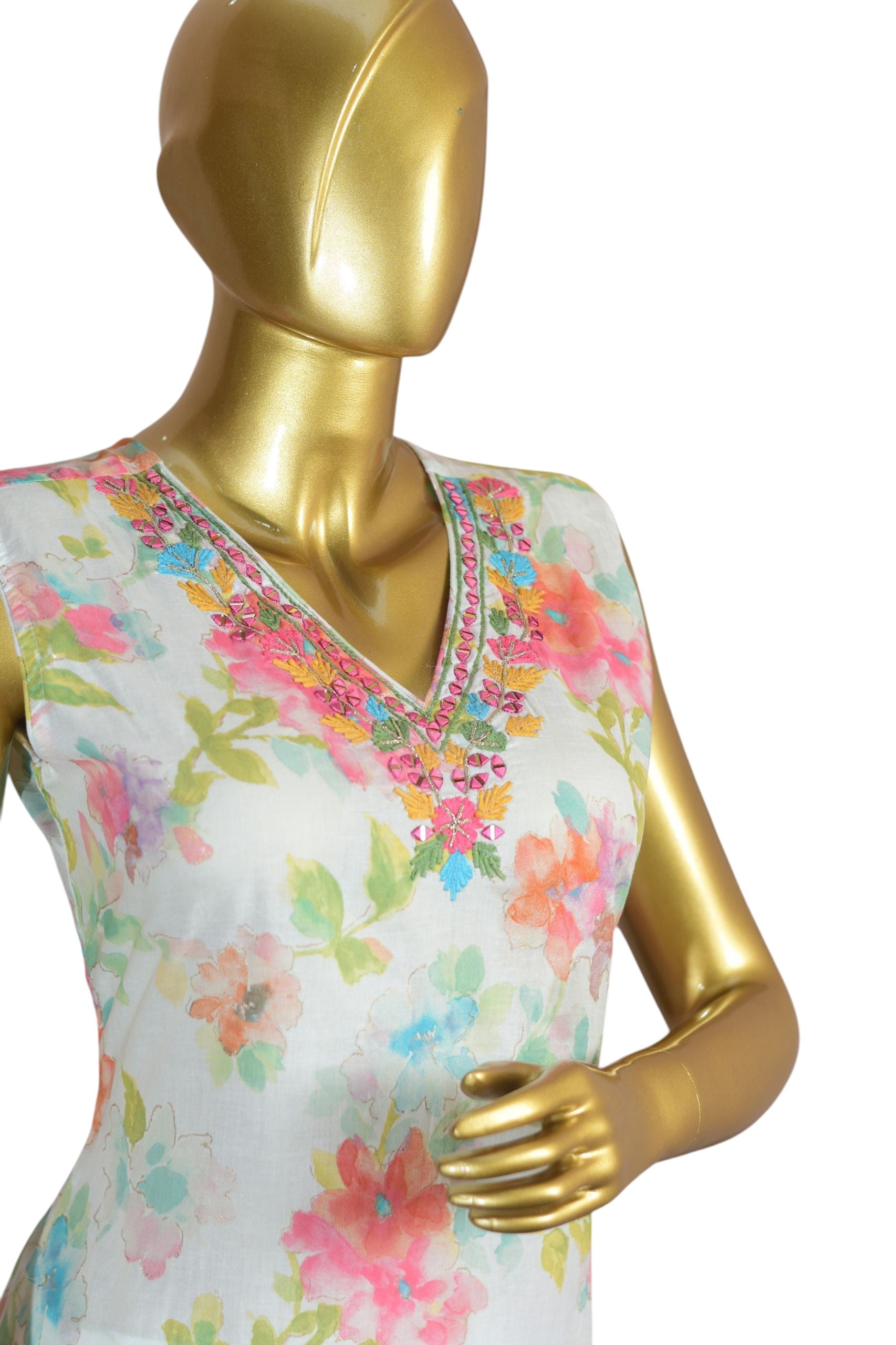 Floral Print Sleeveless Salwar Suit Set with Pink Dupatta, Lightweight Fabric, Embroidered Neckline, and Straight Pants for Women