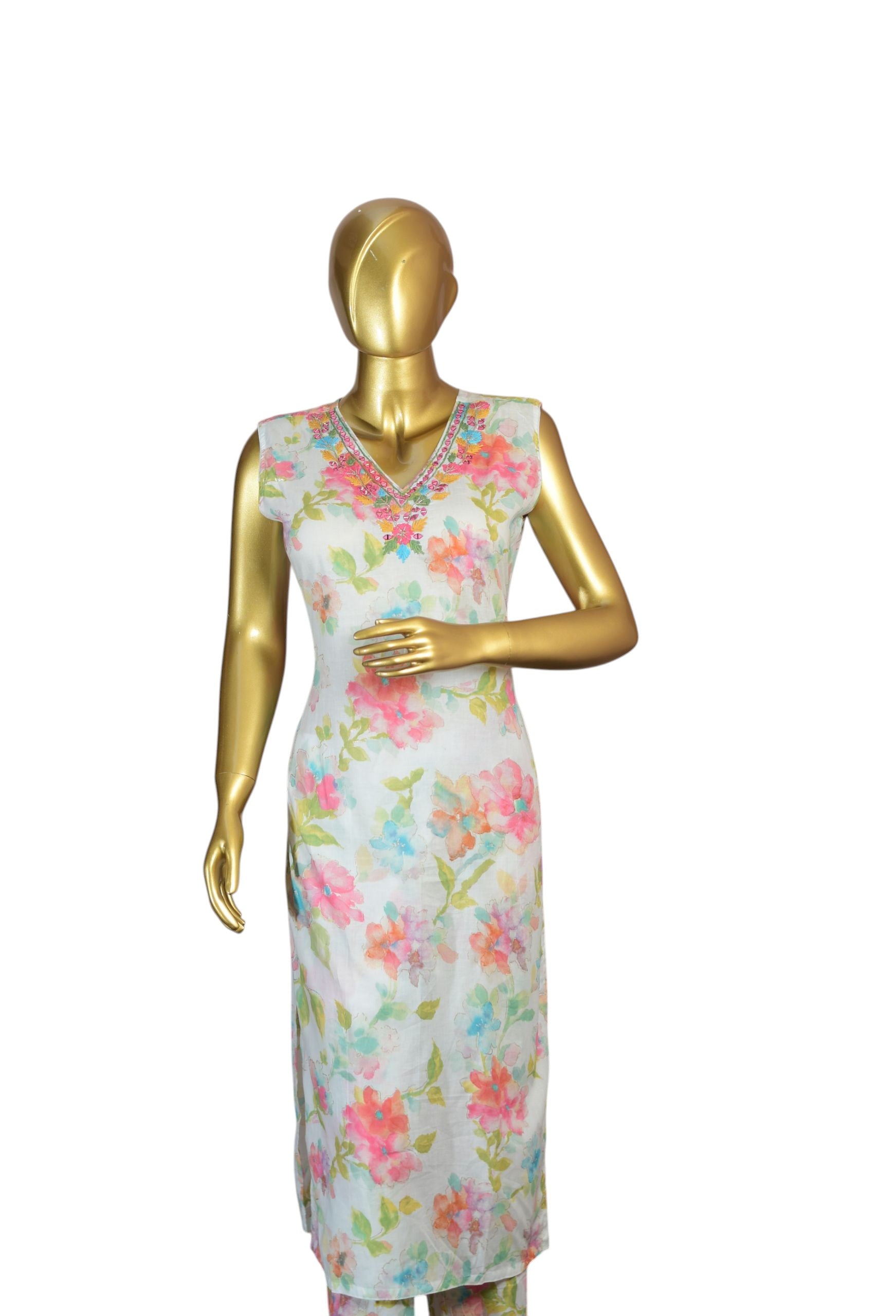 Floral Print Sleeveless Salwar Suit Set with Pink Dupatta, Lightweight Fabric, Embroidered Neckline, and Straight Pants for Women