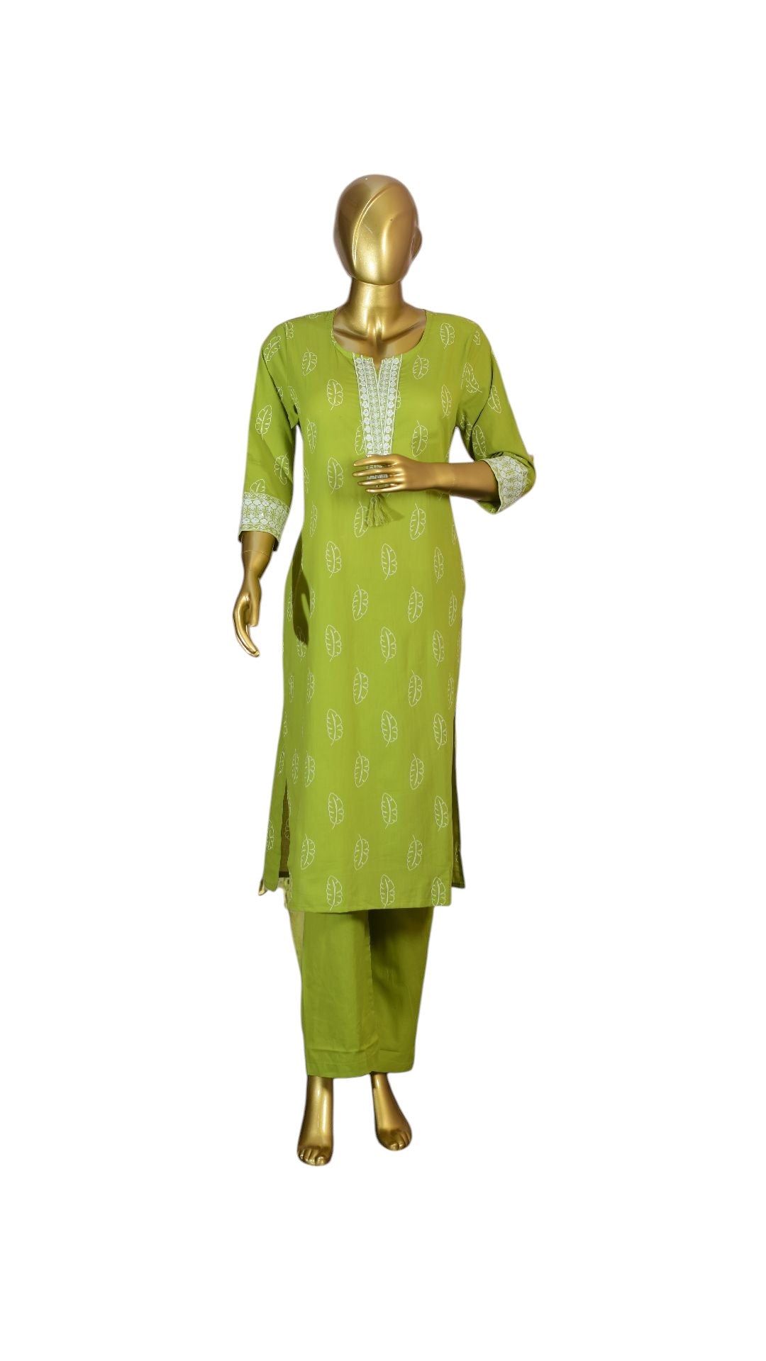 Parrot Green Leaf Print Cotton Kurti Set with 3/4 Sleeves and Matching Palazzo Pants – Comfortable Ethnic Wear for Casual and Festive Occasions
