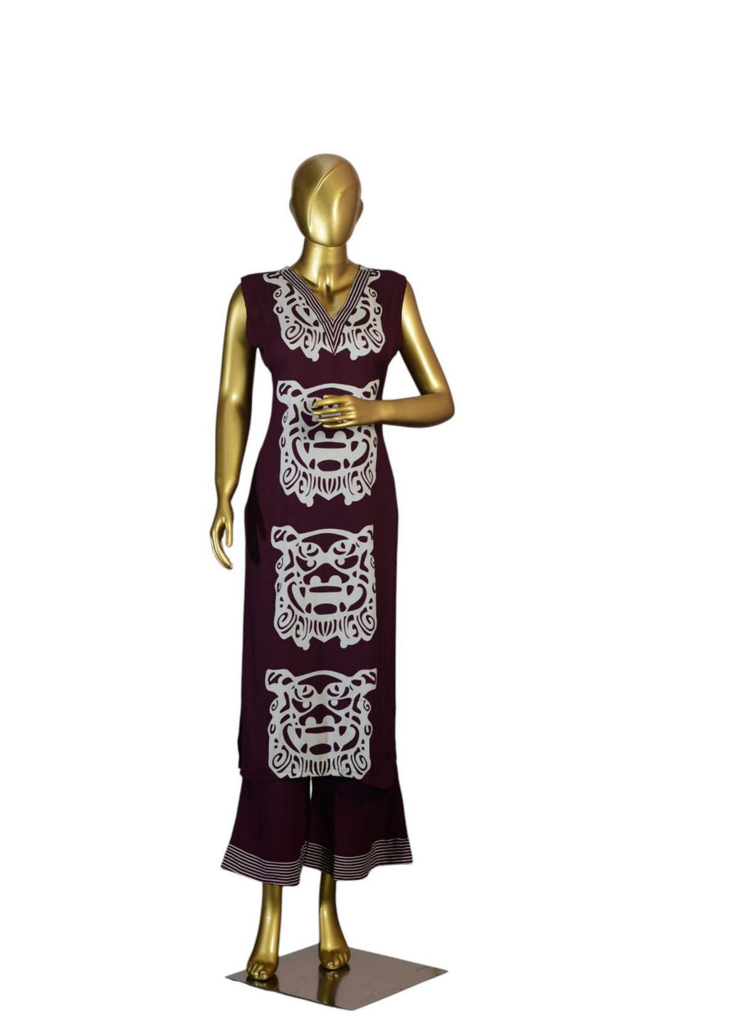 Sleeveless Long Cord Set with Tribal Face Print Design, Deep Maroon Color, V-Neckline, Paired with Matching Flared Pants – Casual and Ethnic Fusion Wear