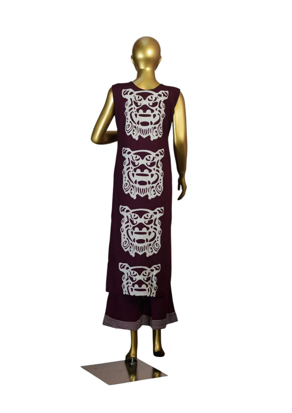 Sleeveless Long Cord Set with Tribal Face Print Design, Deep Maroon Color, V-Neckline, Paired with Matching Flared Pants – Casual and Ethnic Fusion Wear