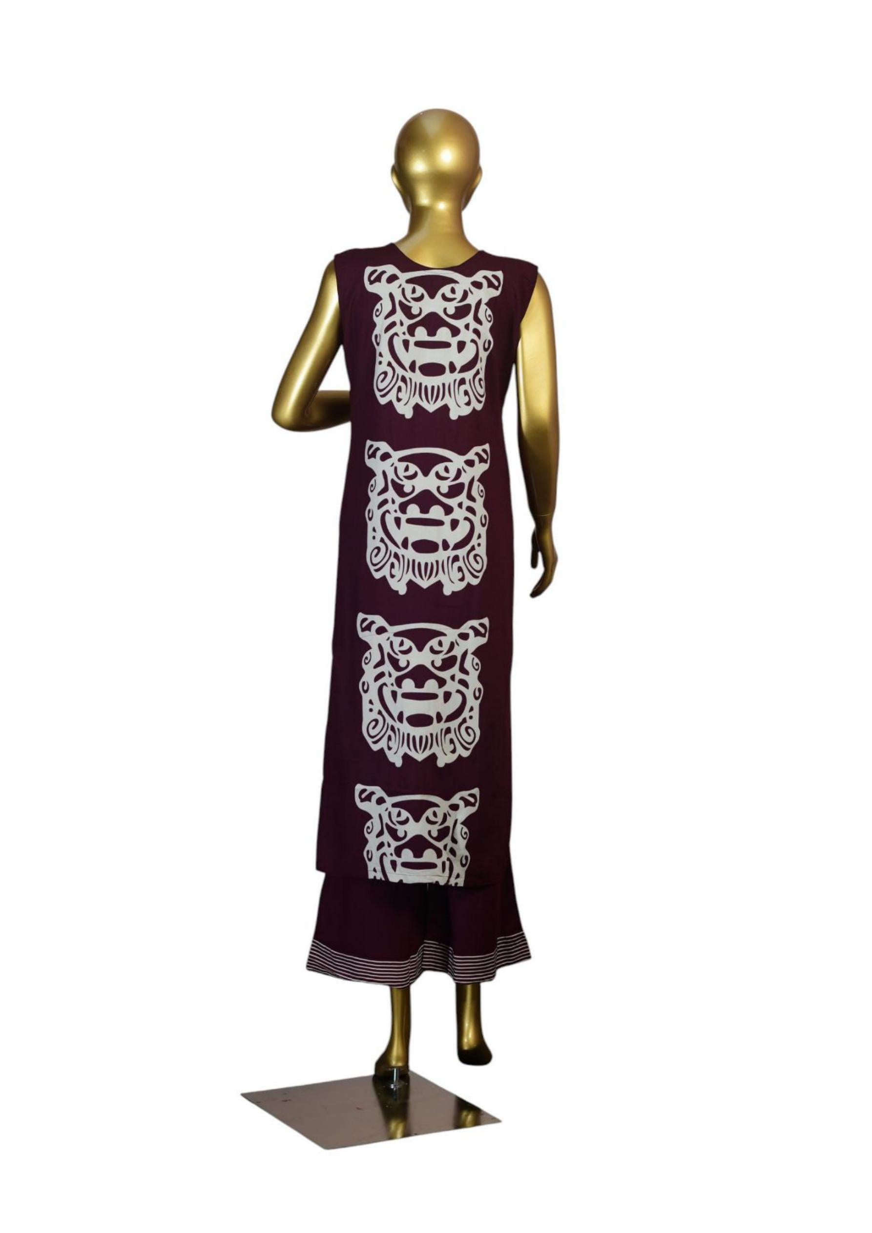 Sleeveless Long Cord Set with Tribal Face Print Design, Deep Maroon Color, V-Neckline, Paired with Matching Flared Pants – Casual and Ethnic Fusion Wear